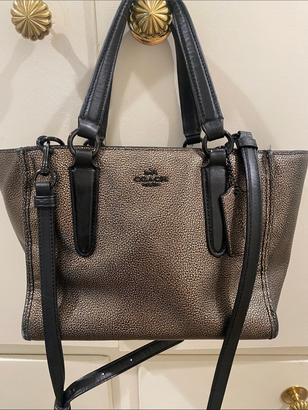 Coach Metallic Bronze Pebbled Leather Satchel with Black Trim